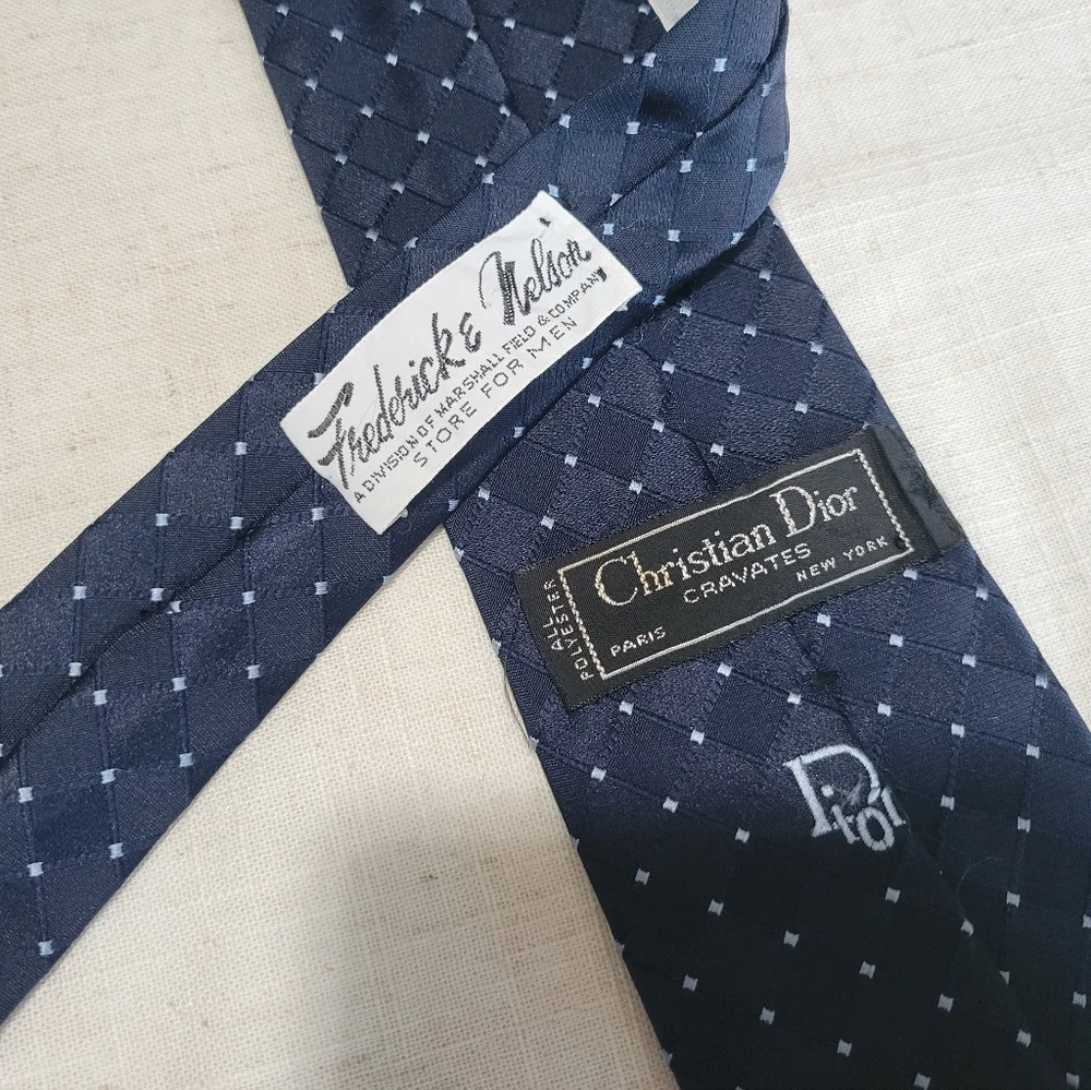 Christian Dior Cravates Monogram Tie Navy Blue Vintage Dots Fredericks & Nelson